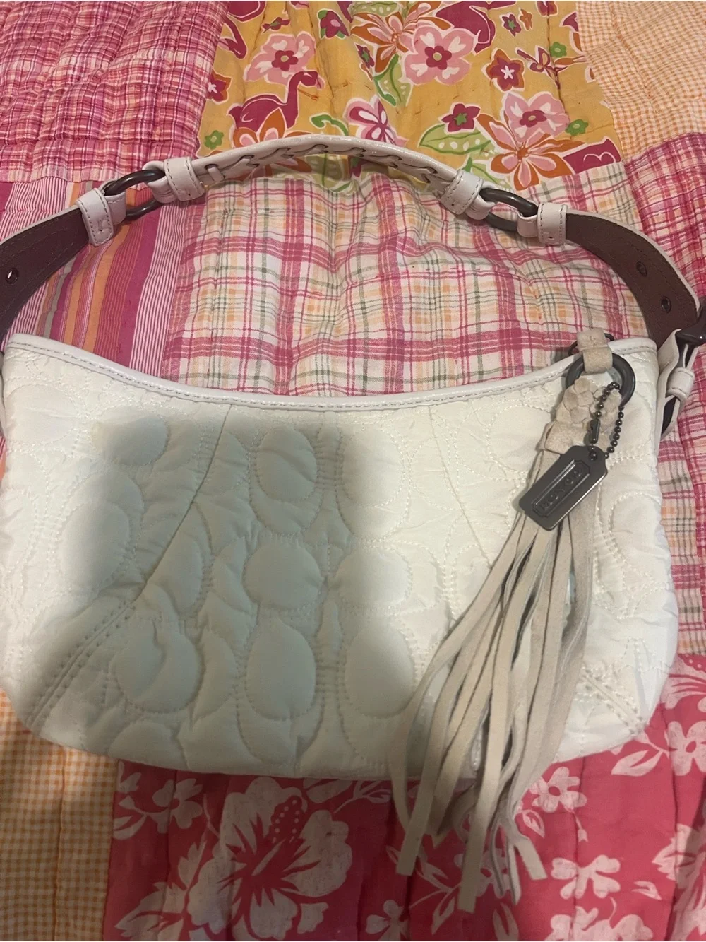 Coach White Leather Shoulder Bag with Tassel and Braided Strap